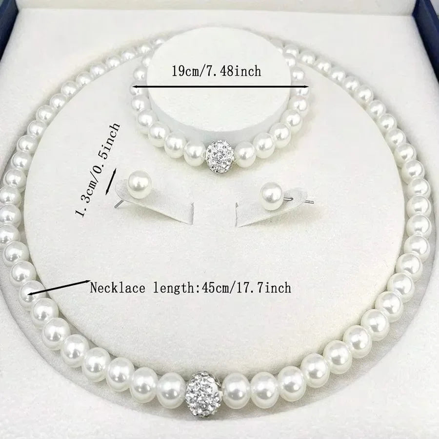 luckacco 3 pcs set imitation pearl fireball necklace bracelet earring stud jewelry set silver color crystal stone elegant bridal jewelry