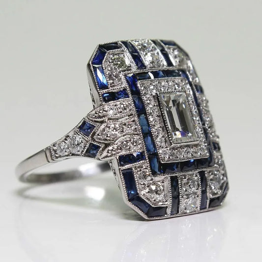 Luckacco Luxury Silver Color Metal Square Inlaid with Dark Blue Stones Ring Fashion Party Wedding Engagement Rings for Women Jewelry