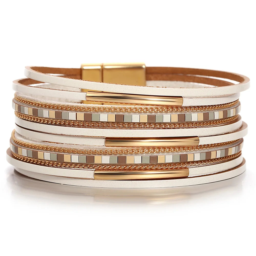 luckacco allyes trendy colorful square leather bracelet for women men boho metal tube multilayer wrap wide bracelets charm party jewelry