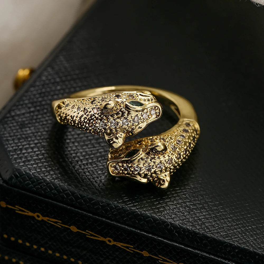 luckacco newbuy new high quality gold-plated zircon hip-hop style rings fashion delicate leopard ring women's party jewelry accessories