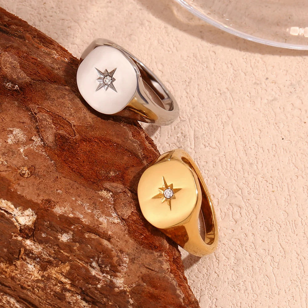 luckacco e.b.belle aspect north star seal ring silver color waterproof 316l stainless steel jewelry 18k gold plated accessories