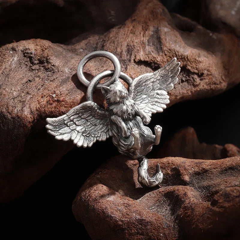 luckacco classic retro silver plated cute pet wing cat pendant necklace for men women fashion personalized clavicle chain jewelry gifts