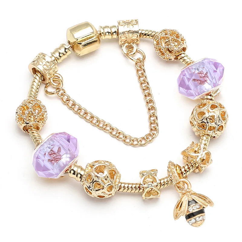 luckacco togory 2024 authentic gold color bees dangles charm bracelet white crystal beads fine bracelet for women kids birthday gifts