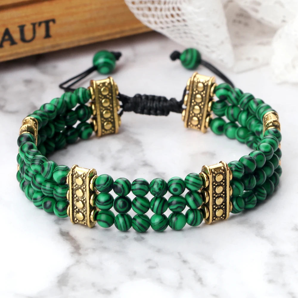 luckacco natural stone beads bracelet 4mm malachite black lava yoga energy hot couple for women men jewelry braided rope knot bangle gift