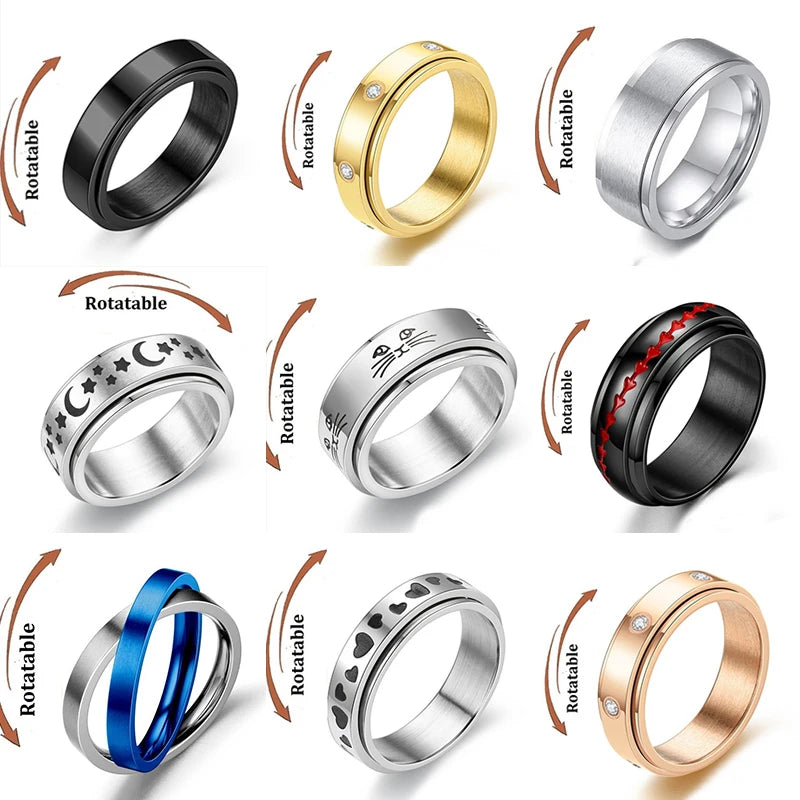 luckacco simple stainless steel anxiety fidget spinner rings for couple rotating anti stress wedding band knuckle ring fashion jewelry