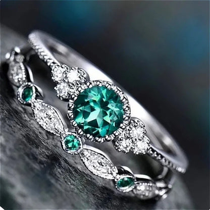 Luckacco 925 Sterling Silver Ring Set with Emerald Zircon Crystals for Women Engagement Wedding Glamour Jewelry Gifts