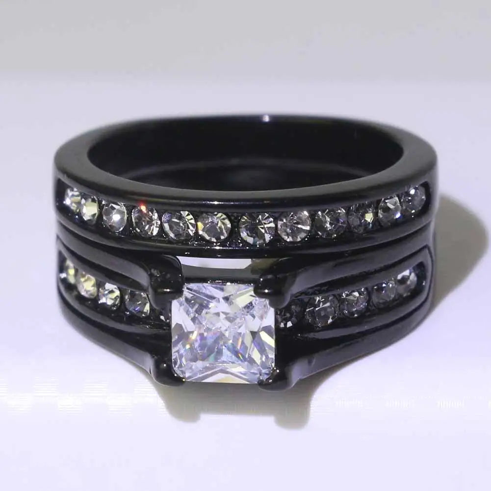 luckacco fashion couple rings romantic white rhinestones cz women rings set simpe men's stainless steel rings for couple wedding jewelry