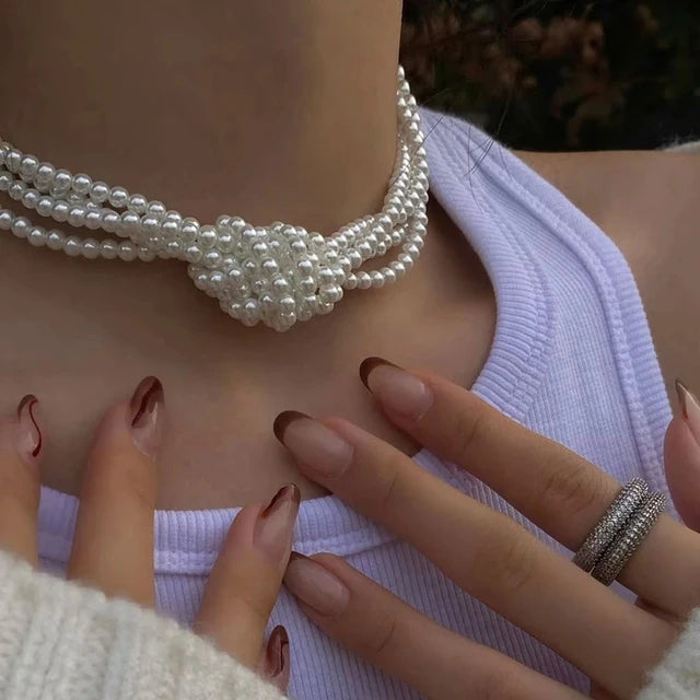 luckacco multi-layer white imitation pearl necklace bead  chain punk ladies wedding short clavicle necklac girl charm banquet jewelry