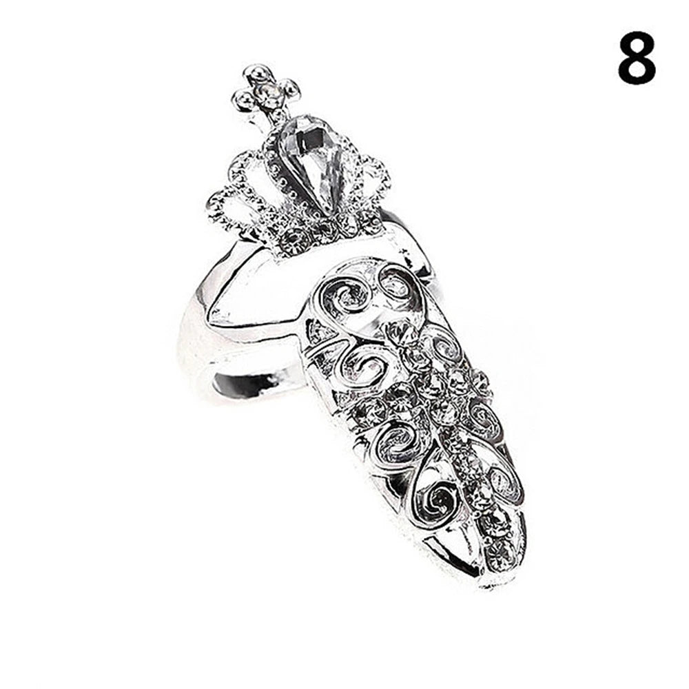 luckacco fashion rhinestone crown flower nail ring adjustable opening gold plated manicure joint ring for women party jewelry