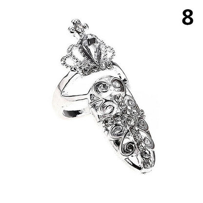 Luckacco Fashion Rhinestone Crown Flower Nail Ring Adjustable Opening Gold Plated Manicure Joint Ring for Women Party Jewelry