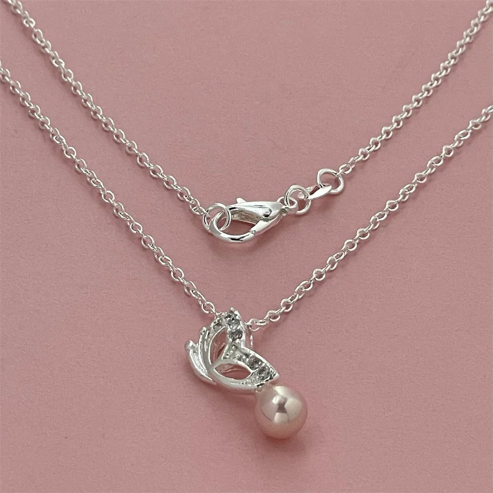 luckacco exquisite 925 silver jewelry, butterfly pearl pendant with diamonds and a thin chain, elegant style