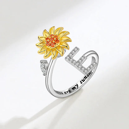 Luckacco Rotating Sunflower Initial Letter Rings For Women Anti Anxiety Spinner You Are My Sunshine Stainless Steel Ring Birthday Jewelry