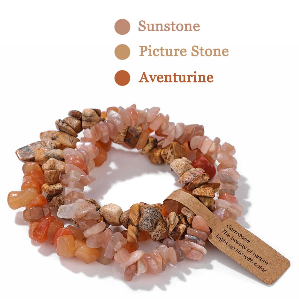 luckacco 3pcs natural chip stone bracelet set irregular fluorite quartzs stretch bracelet with tag healing jewelry gifts for women men