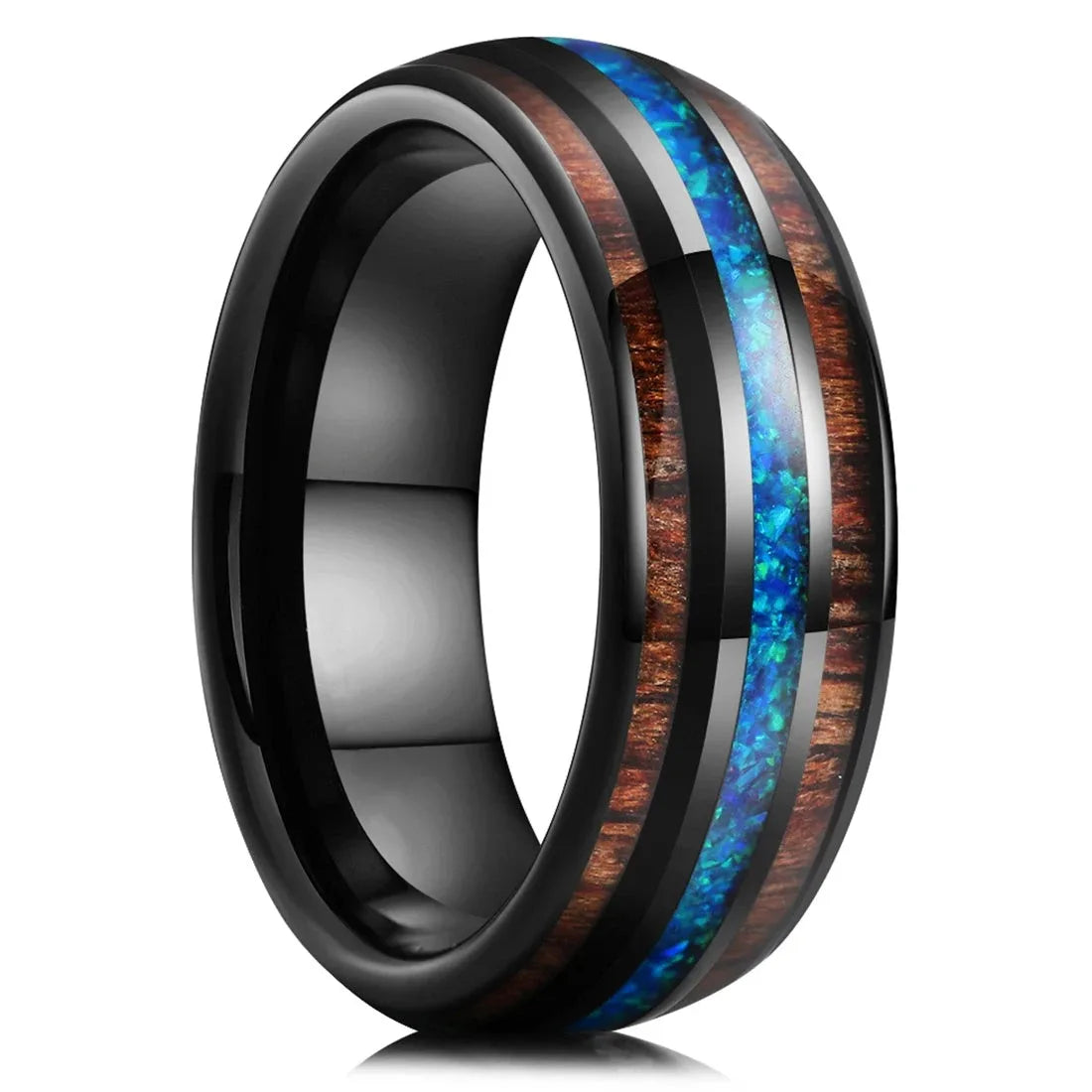 luckacco fashion 8mm men stainless steel rings silver color brushed deer antler and koa wood rings for men wedding band jewelry