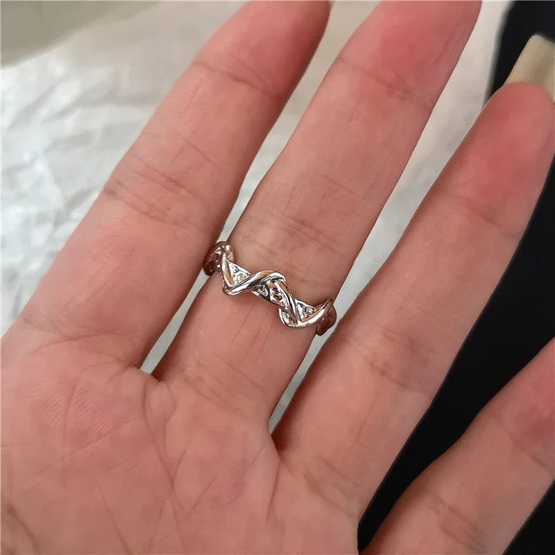 luckacco goth punk retro red crystal love heart cross geometry irregular open ring set y2k halloween accessories for women kpop jewelry