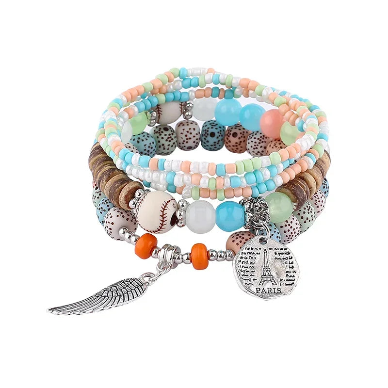 luckacco boho tree of life bracelet set for women fashion tassels charm wooden beads elastic chain bangle girl trendy party jewelry