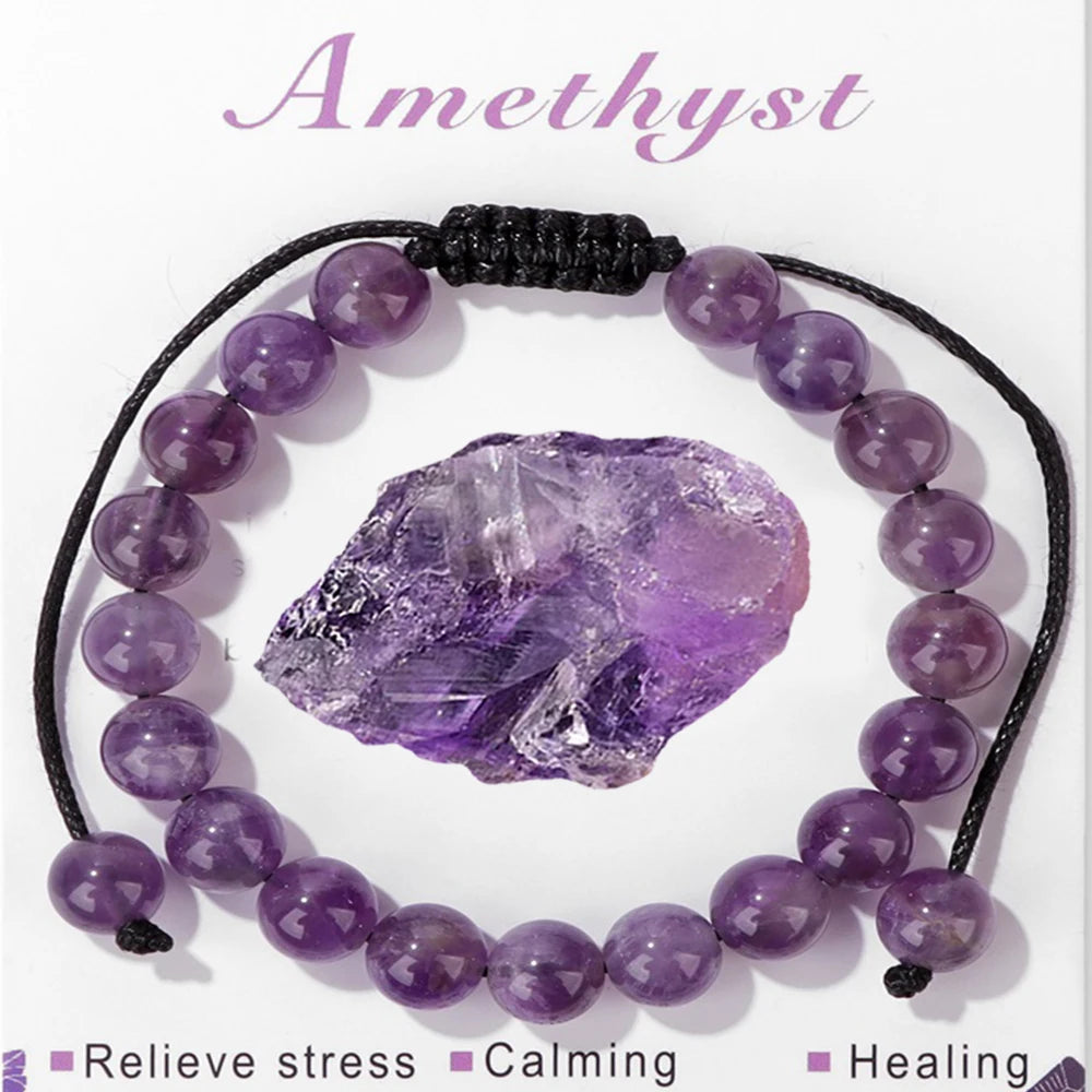 luckacco adjustable healing amethysts bracelets for women men natural stone 8mm beads braided bracelet stress relief anxiety jewelry