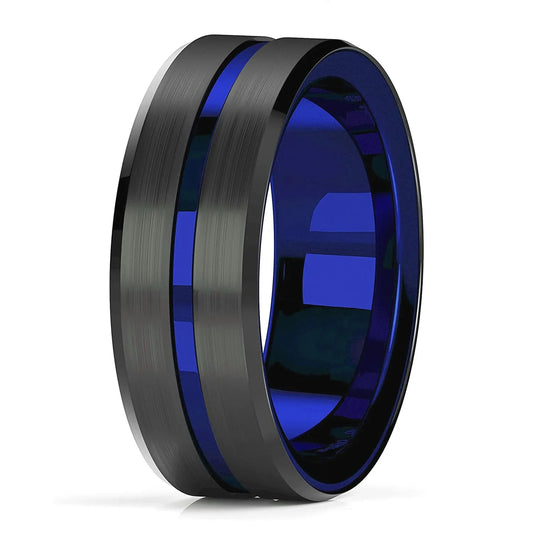 Luckacco Fashion 8mm Black Tungsten Wedding Celtic Dragon Rings Inlaid Blue Zircon Stainless Steel Rings for Men Blue Carbon Fibre Ring