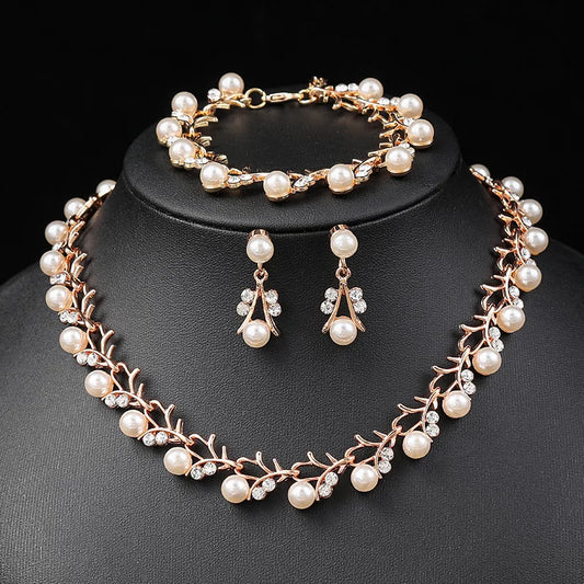 Luckacco Korean Pearl Necklace Earring Set Bridal Dress jewellery woman Accessories Fashion Small Fresh Alloy Three Piece  jewelry sets