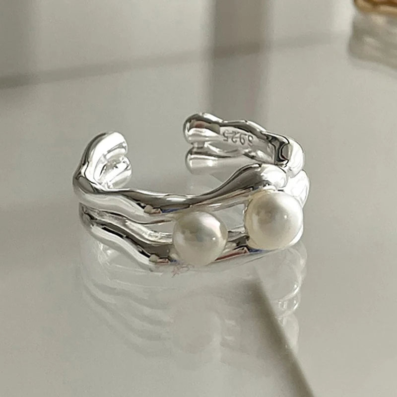 luckacco foxanry silver color pearl rings for women new fashion simple double-layered geometric handmade party jewelry gifts серьга