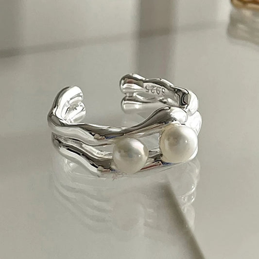 Luckacco Foxanry Silver Color Pearl Rings for Women New Fashion Simple Double-layered Geometric Handmade Party Jewelry Gifts серьга
