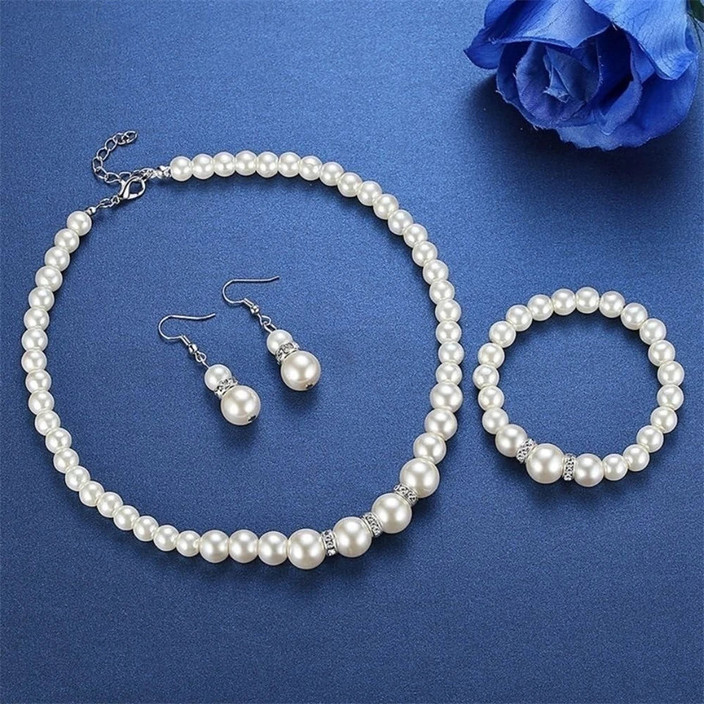 luckacco pearl jewelry set women's necklace earrings bracelet three-piece set for mother gift beautiful wedding photo accessories
