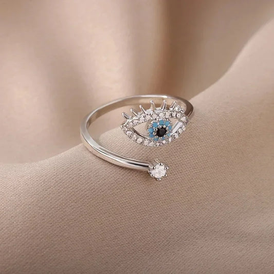 Luckacco Silver Plated Evil Eye Rings for Women Stainless Steel Turkish Zircon Demon Eye Couple Ring Vintage Emo Jewelry Anillos Mujer