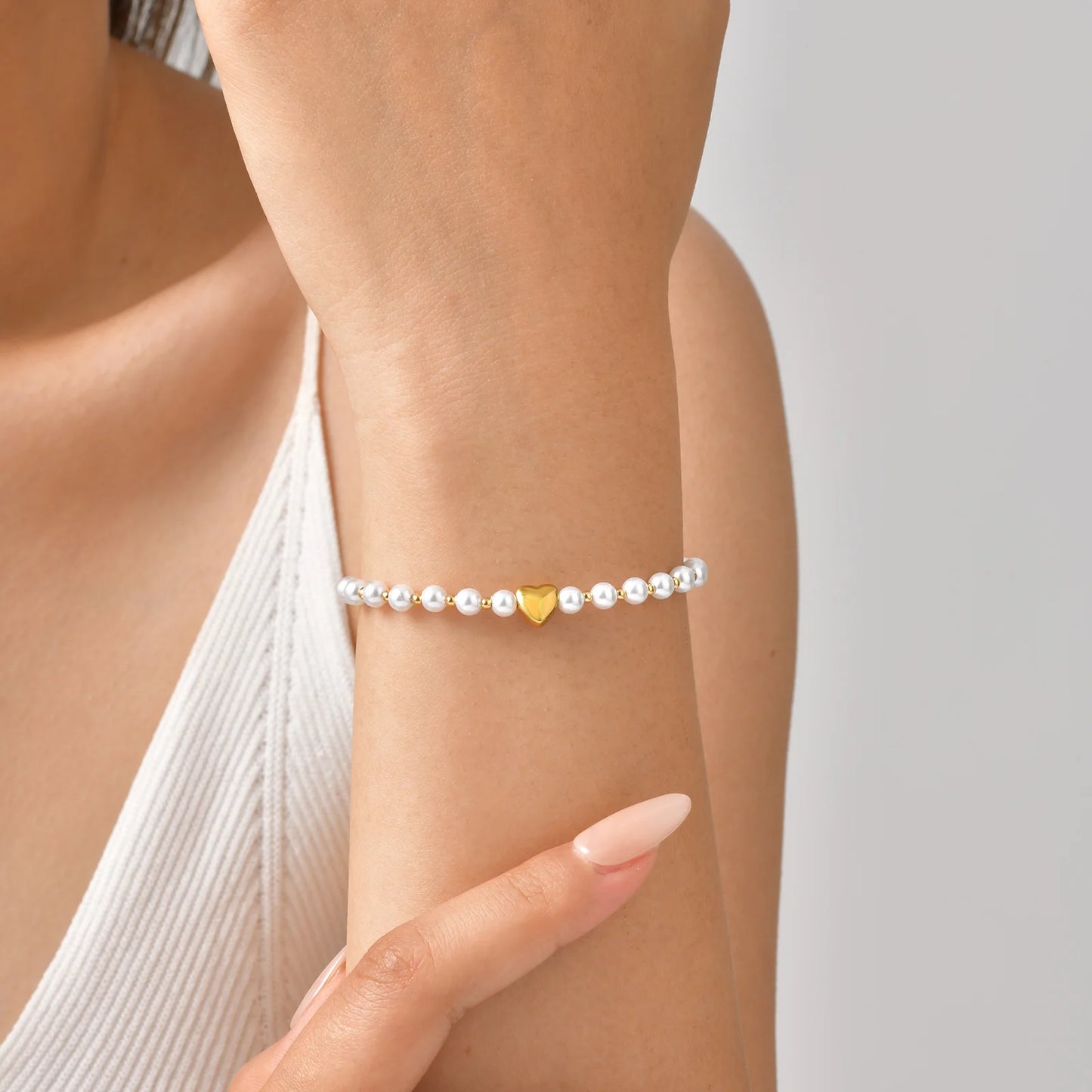 luckacco elegant high quality imitation pearl beads bracelet for women, stainless steel heart charm bracelet, waterproof fashion jewelry