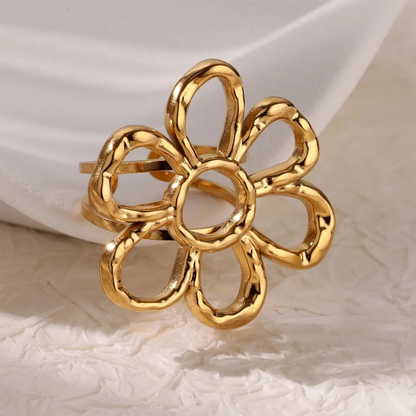 Luckacco Elegant Stainless Steel Big Bloom Flower Rings For Women Gold Color Sun Starfish Open Ring Finger Jewelry Wedding Her Gift Punk