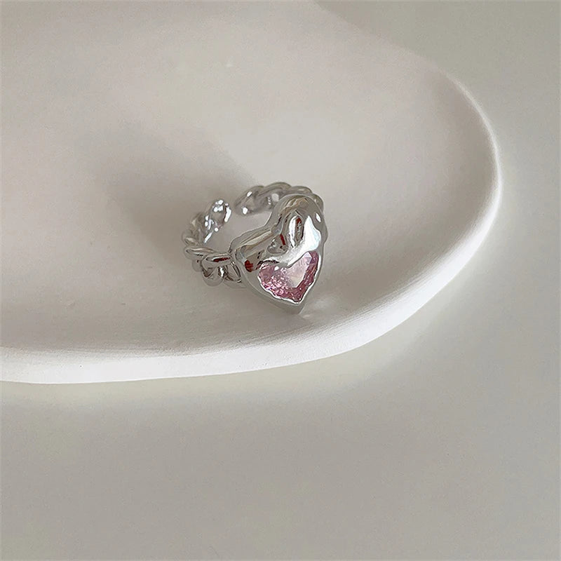 luckacco pink crystal irregular heart rings creative zircon bowknot opal love heart open ring y2k shiny rings for women party jewelry