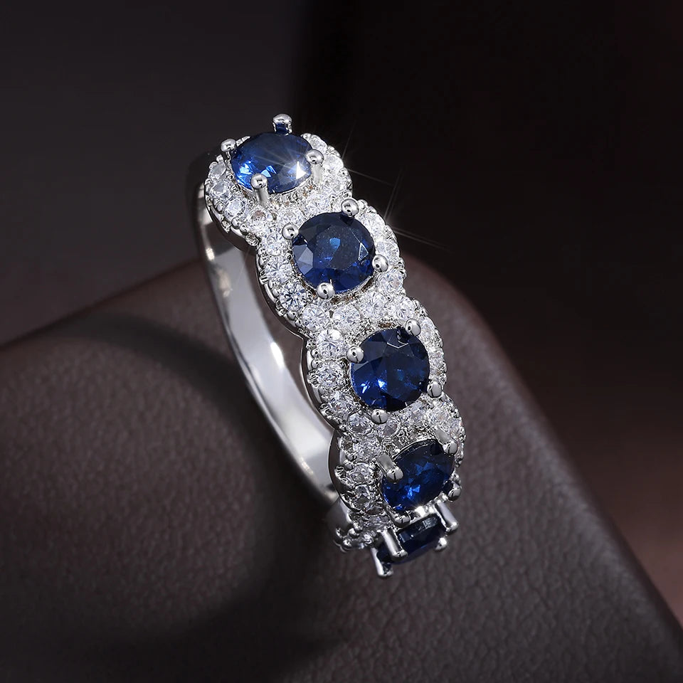 luckacco picksclassic blue cubic zirconia round copper rings for women girls silver color metal crystal fingers accessories jewelry gifts