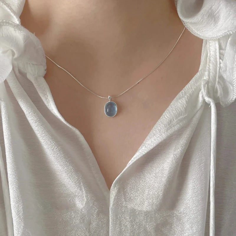 luckacco 925 sterling silver blue crystal moonstone necklace unique design elliptical natural stone pendant snake bone chain gift jewelry