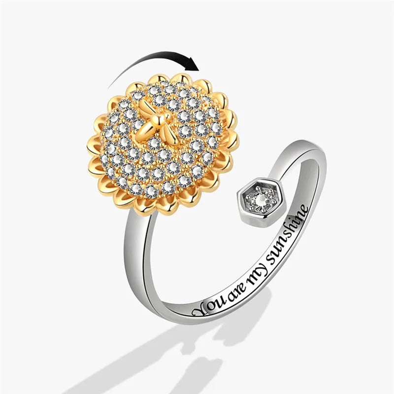 luckacco ethnic mandala flower finger rings for women girls rotating rose sun planet anxiety knuckle ring anti stress jewelry