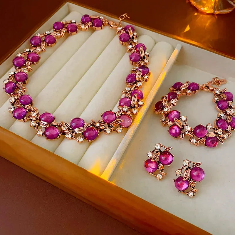 luckacco 1/3 pcs vintage purple red rhinestone necklace earrings bracelet set leaf flower metal necklace for women exquisite jewelry sets