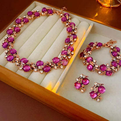 Luckacco 1/3 Pcs Vintage Purple Red Rhinestone Necklace Earrings Bracelet Set Leaf Flower Metal Necklace for Women Exquisite Jewelry Sets