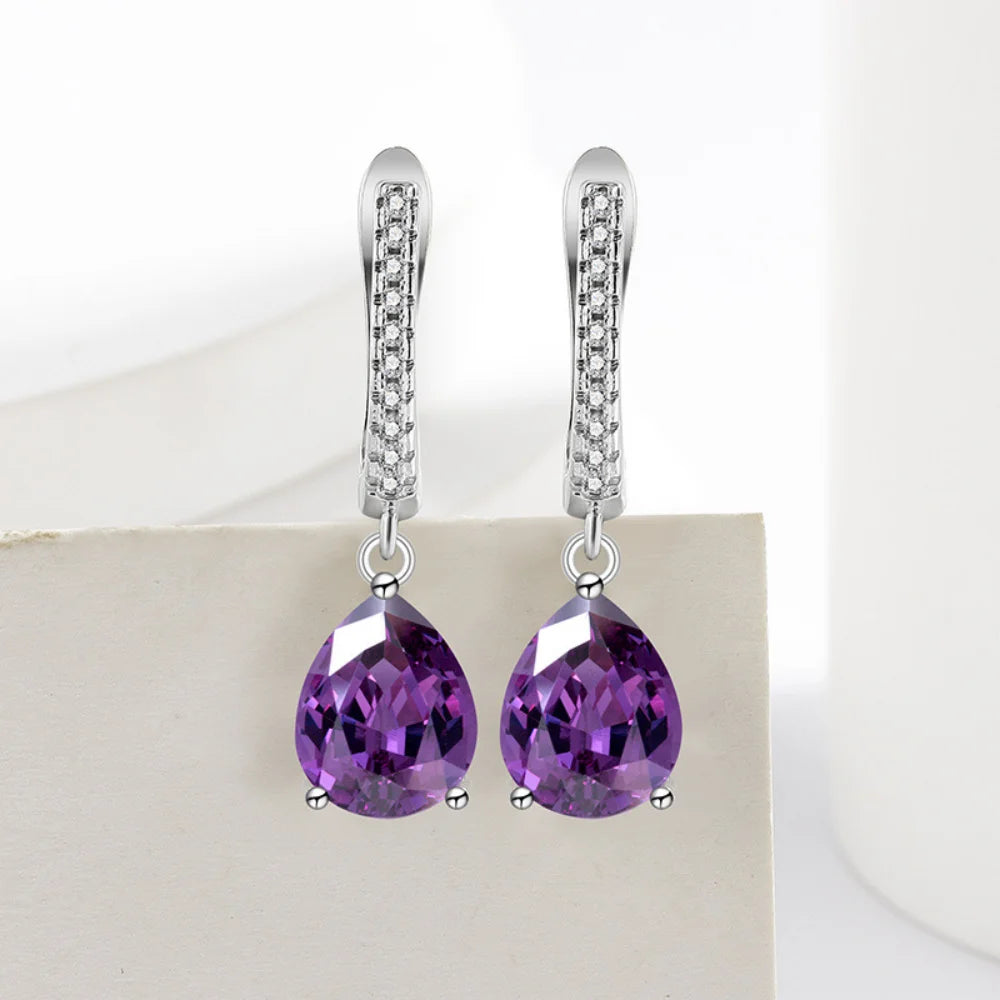 luckacco 925 sterling silver jewelry set inlaid with simulated amethyst zircon, teardrop necklace earrings ring women's elegant jewelry