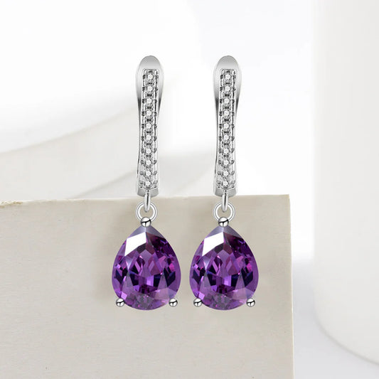 Luckacco 925 Sterling Silver Jewelry Set Inlaid With Simulated Amethyst Zircon, Teardrop Necklace Earrings Ring Women's Elegant Jewelry