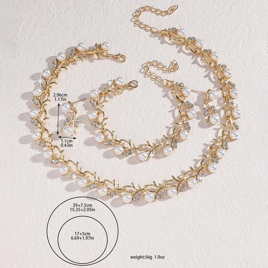 Luckacco 4pcs women's jewelry set with pearl rhinestone necklace, earrings, bracelets, bride's wedding accessories