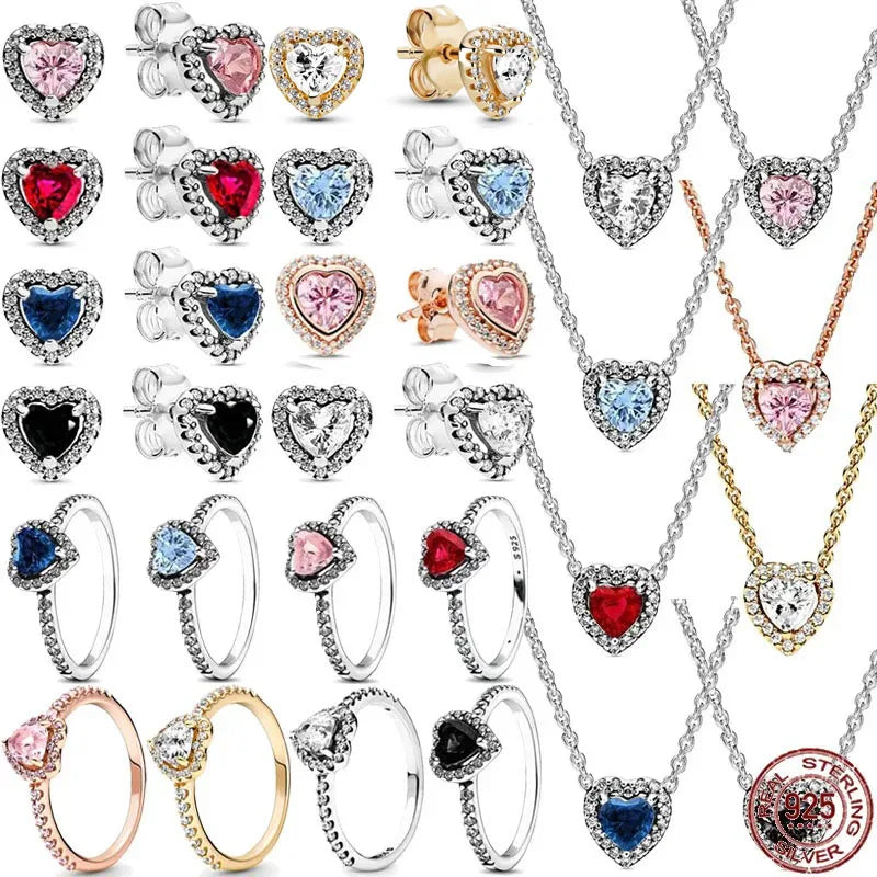 luckacco new 925 sterling silver heart-shaped pink ring necklace earring set luxurious sparkling charm jewelry fashion wedding gift