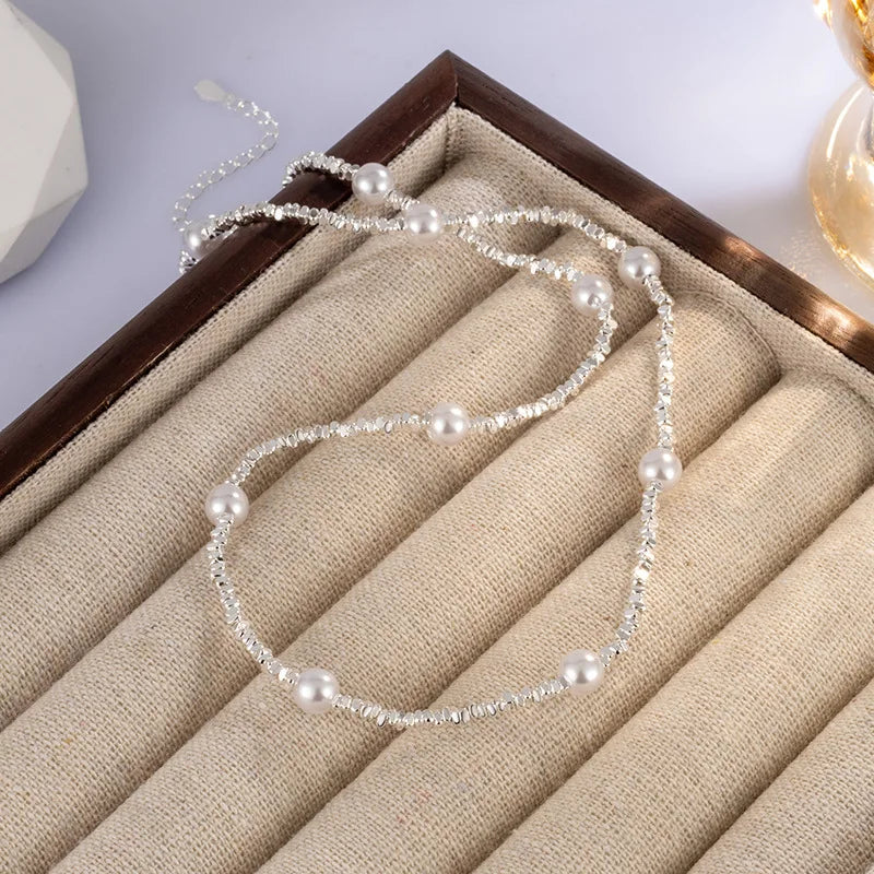 luckacco new trendy fashion 925 silver pearl simple elegant thin chain pendant necklace for women girl jewelry dropship