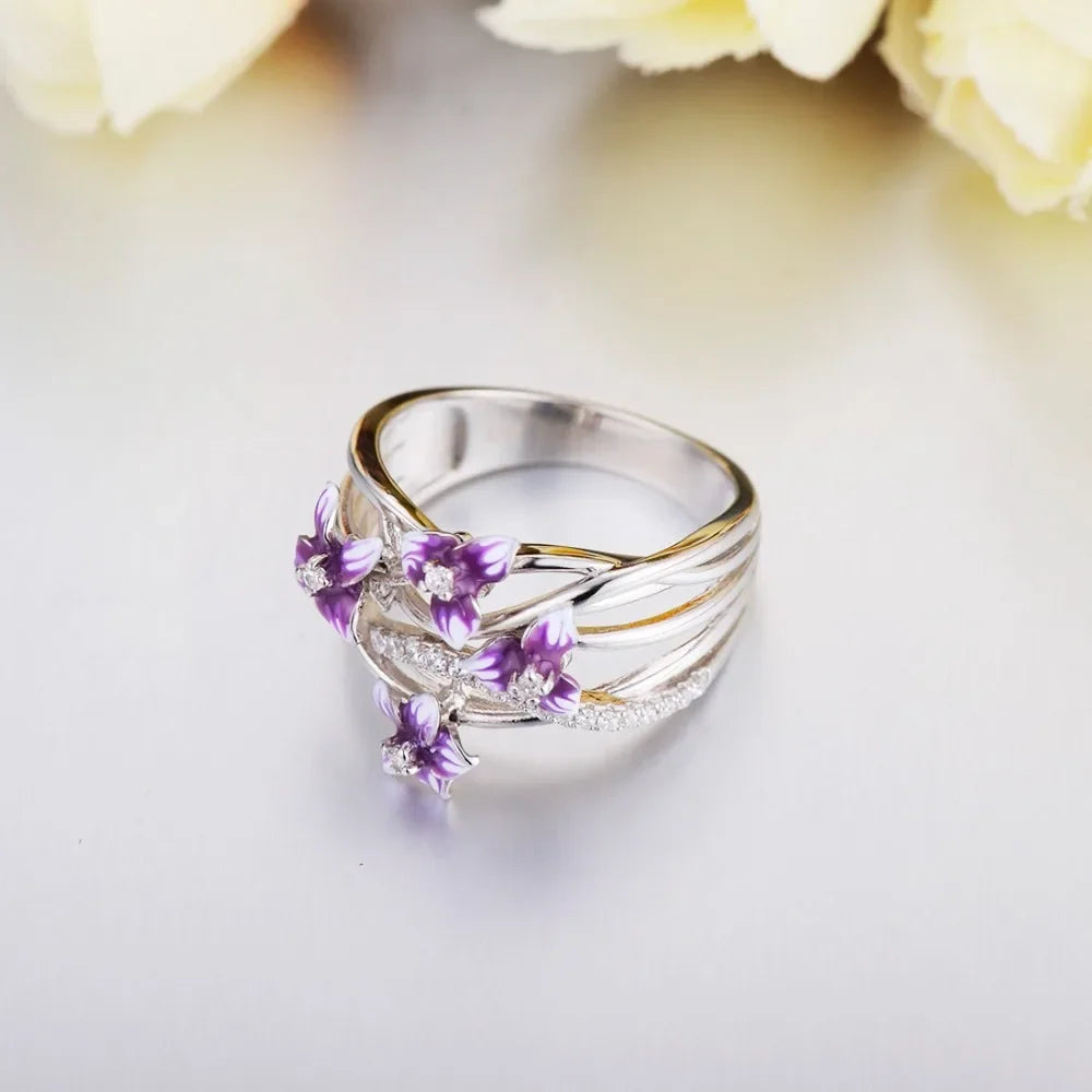 luckacco authentic 925 sterling silver stackable violet drop glue ring daisies flower zircon finger ring for women jewelry gift bijoux
