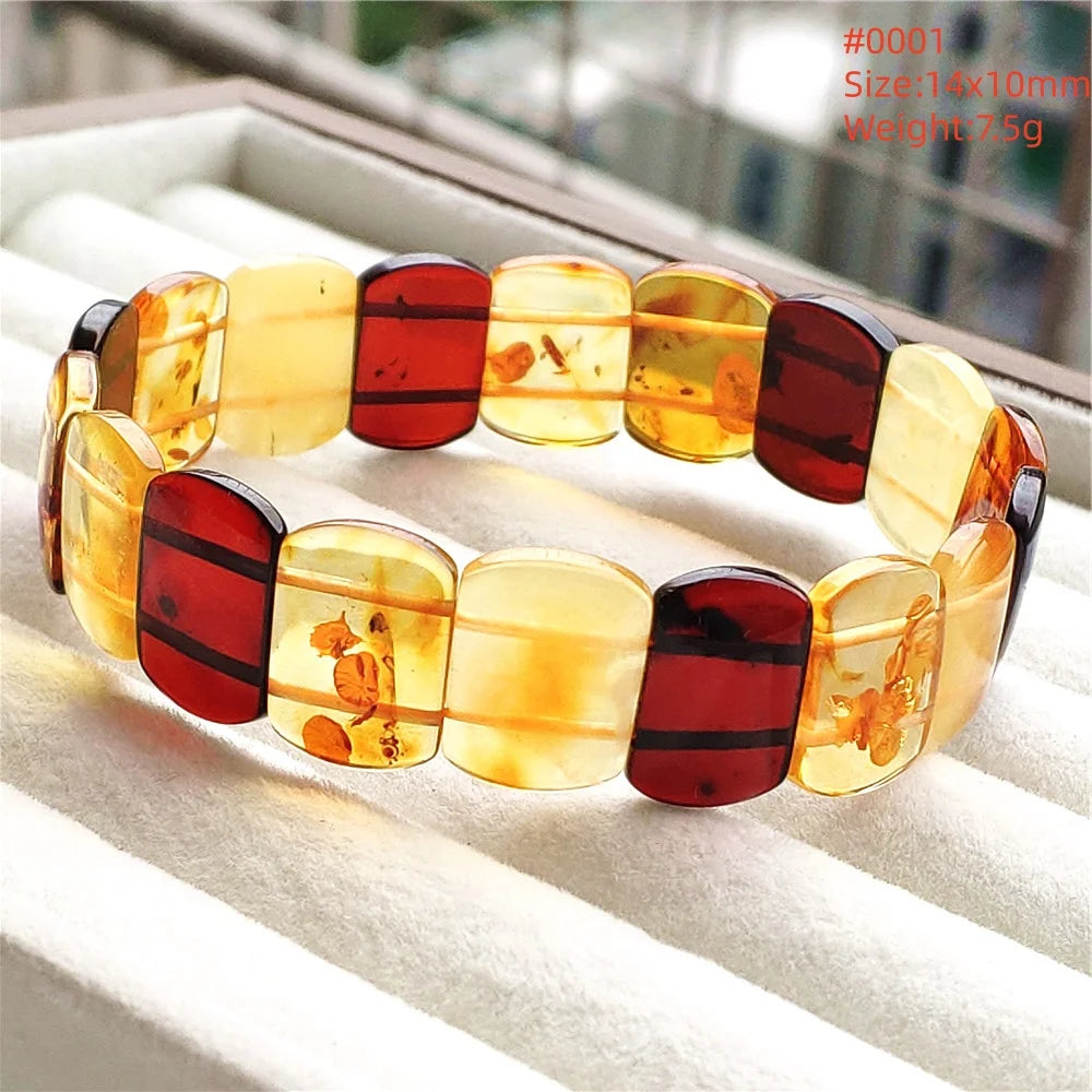 luckacco natural piebald amber bracelet rectangle beads blood red yellow flower amber women men healing stretch jewelry aaaaa