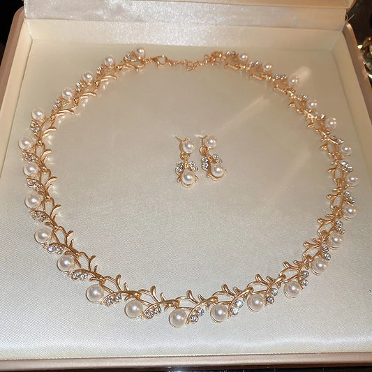 Luckacco 3 Pcs Rhinestone Pearl Rectangular Earrings Necklace Set Two-piece Vintage Choker Accessory Light Luxury Jewelry Sets Wedding