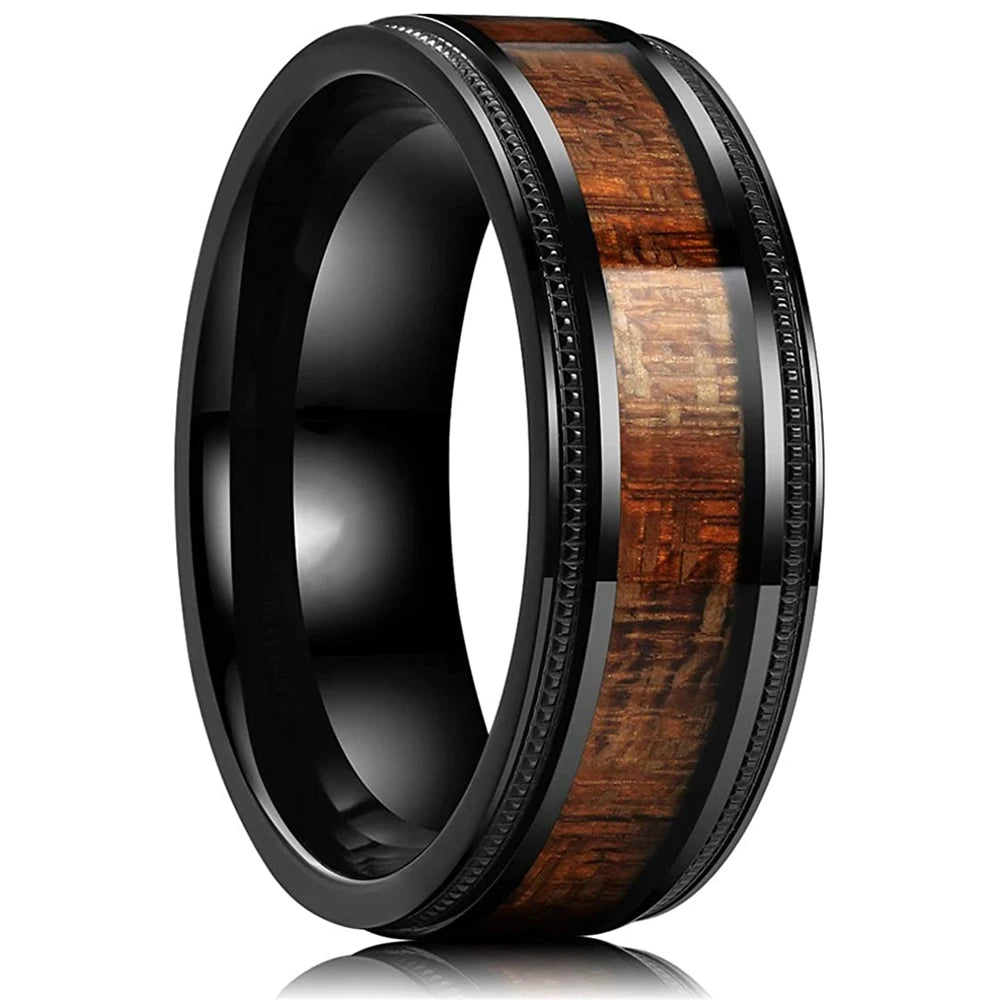 luckacco fashion 8mm men stainless steel rings silver color brushed deer antler and koa wood rings for men wedding band jewelry