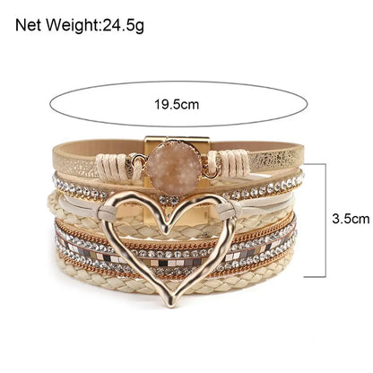 Luckacco Amorcome Fashion Braided Leather Wrap Bracelets Bangles Multilayer Resin Stone Hollow Heart Charm Bracelets Women Gift Pulseira