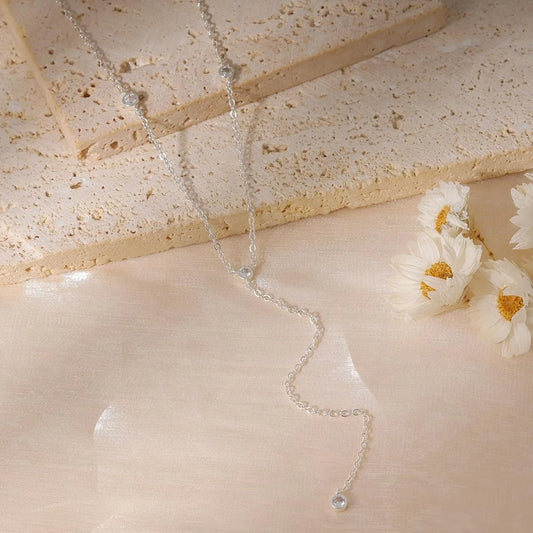 Luckacco Gold Plated CZ Lariat Necklace for Women Boho Fashion Jewelry Women, Silver Plated Necklace for Women, Dainty Gold Necklaces