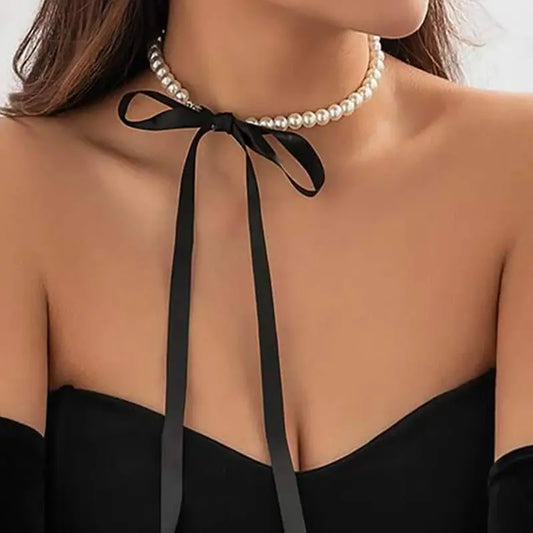 Luckacco Exquisite Imitation Pearl Choker Necklace Fashionable Bow Tie Lace Up Velalvet Necklace Personality Simple Jewelry For Woman