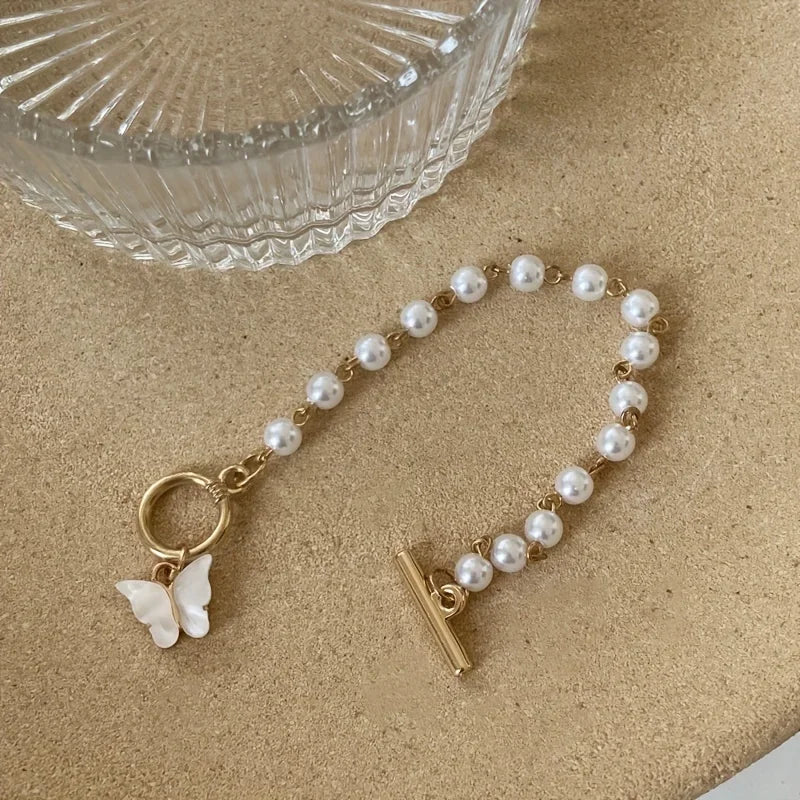 luckacco pulseras fashion butterfly pearl pendant bracelet ladies girl trend charm bracelet festive friendship birthday jewelry bracelets