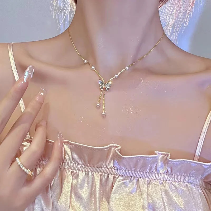 luckacco 2023 new fashion trend unique design delicate vintage zircon flower pearl necklace women jewelry wedding party premium gift