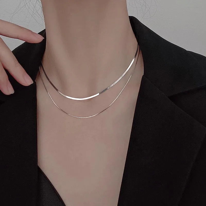 luckacco 2023 s925 silver double layer box chain snake clavicle chain necklace female fashion hip-hop retro unique design fine jewelry